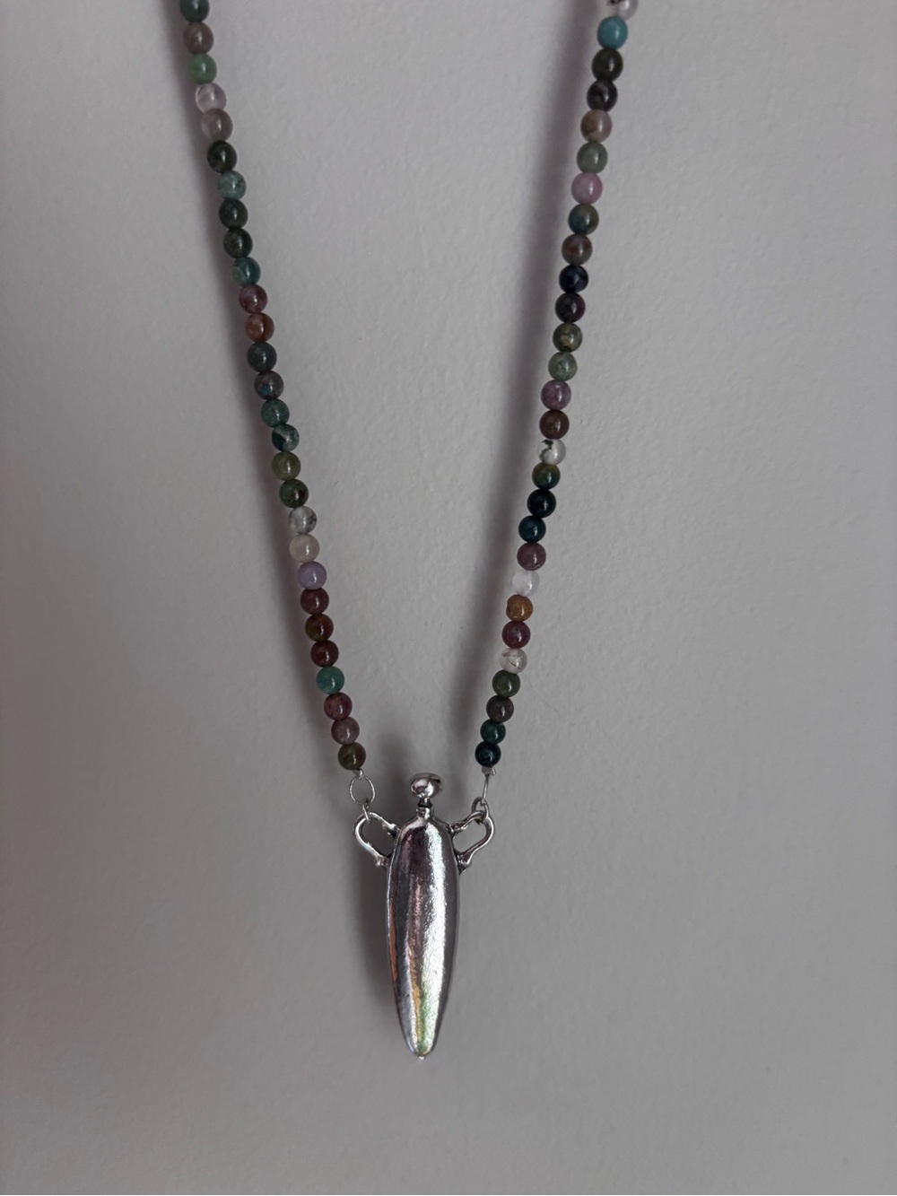 Silver Tone Perfume Bottle Indian Agate Stone Strand Necklace